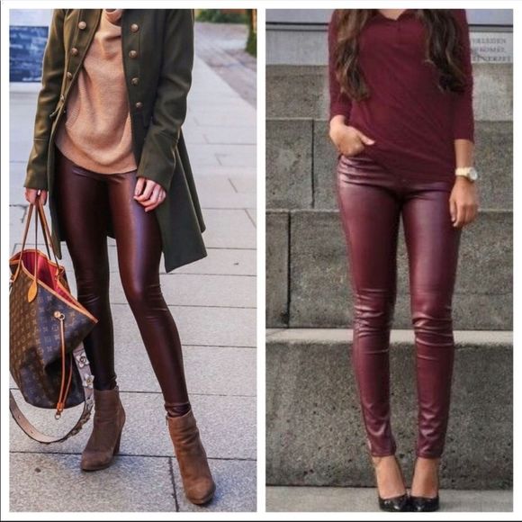 Maroon Vegan Leather Look Leggings - Picture 2 of 3